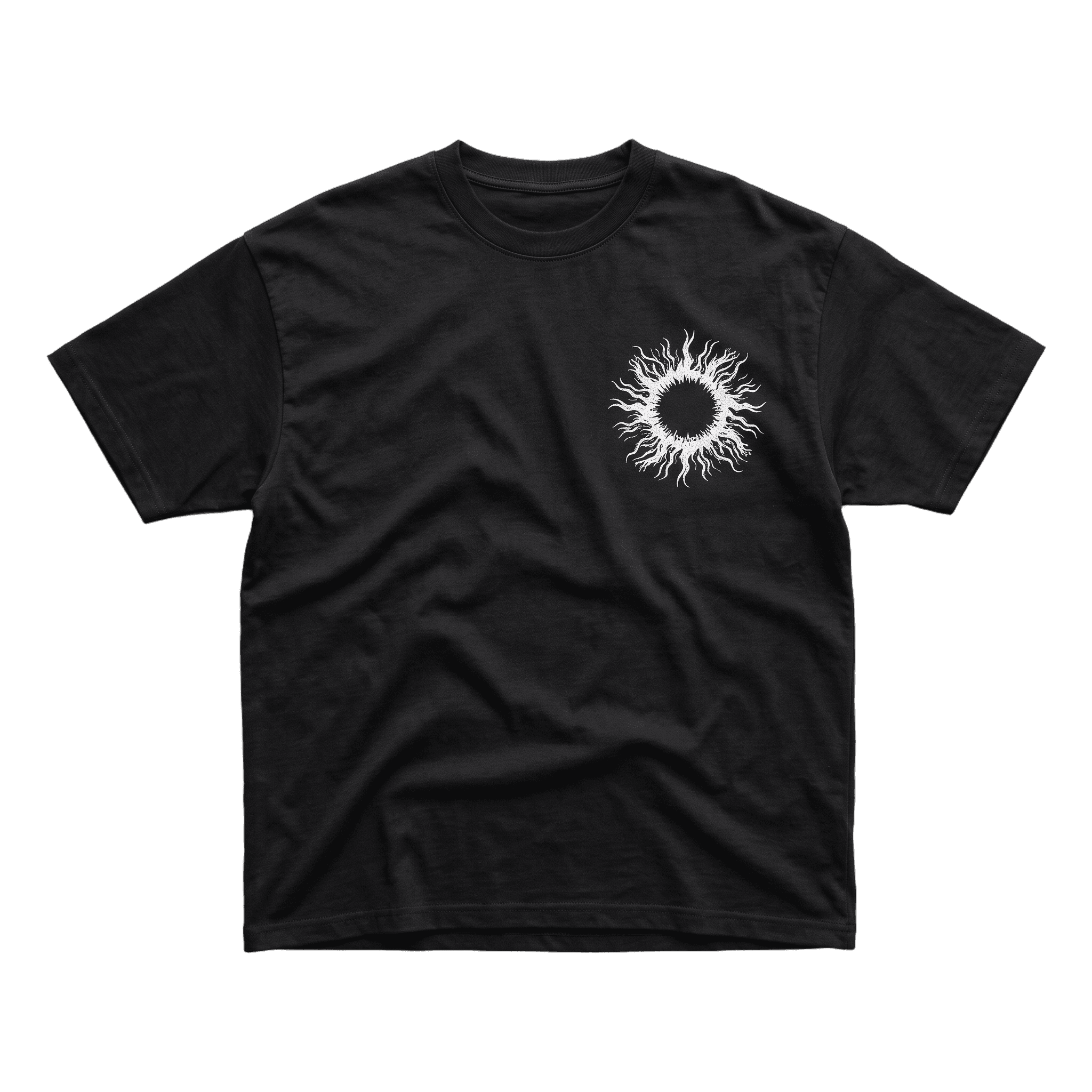 Front of the black Icarus Descent T-shirt with a white eclipsed sun chest graphic