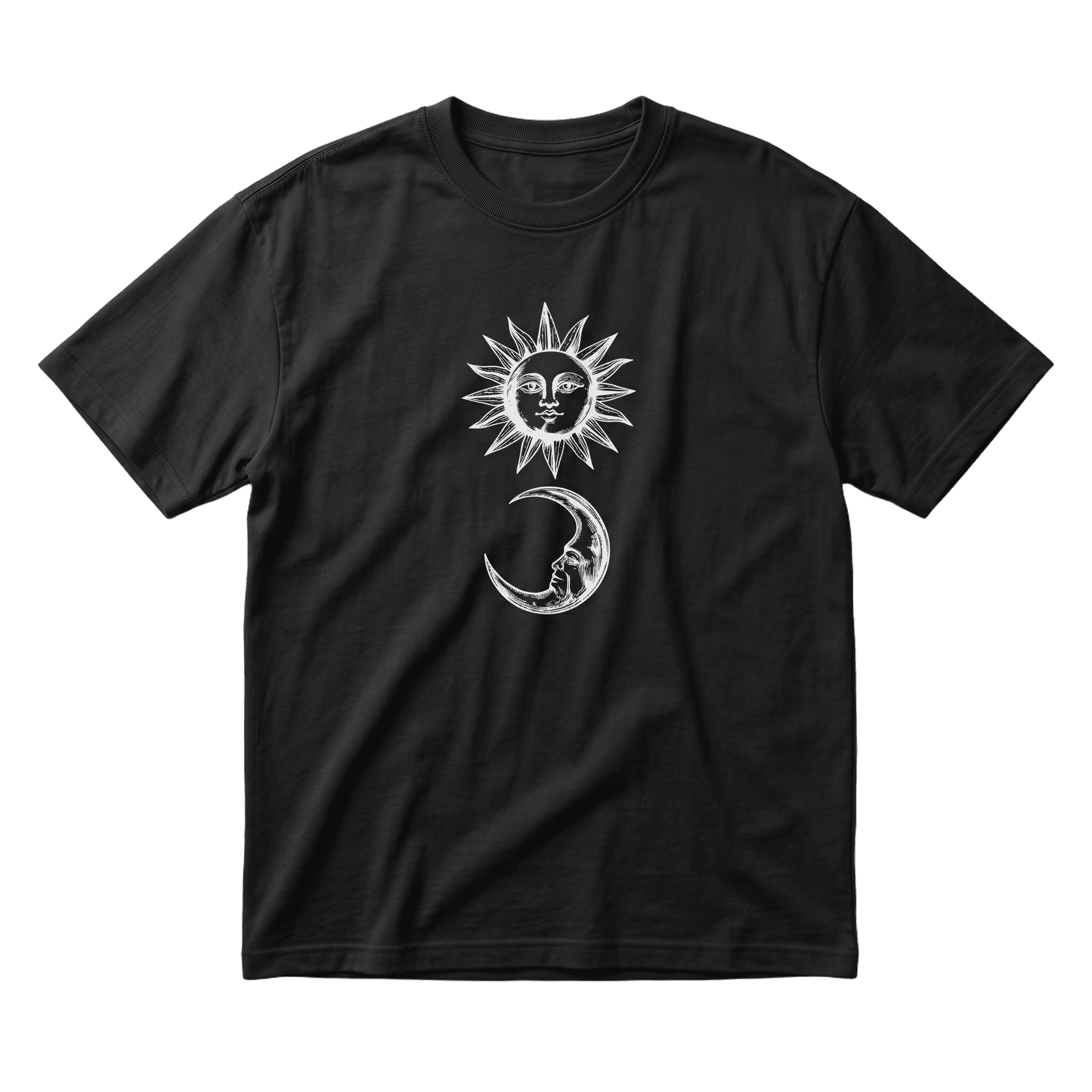 Front of the black Lunar Seraph T-shirt with white sun and crescent moon artwork