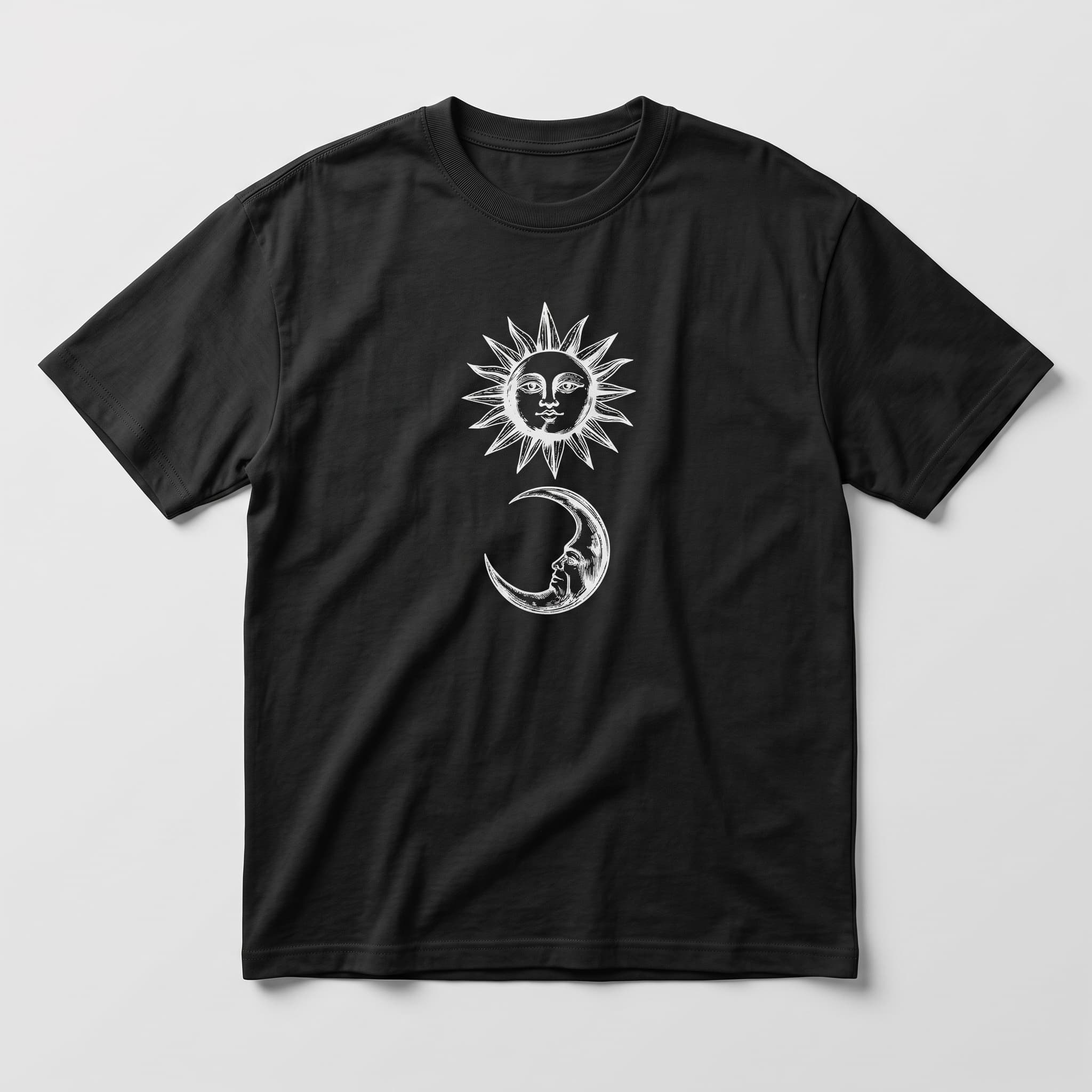 Front of the black Lunar Seraph T-shirt with white sun and crescent moon artwork