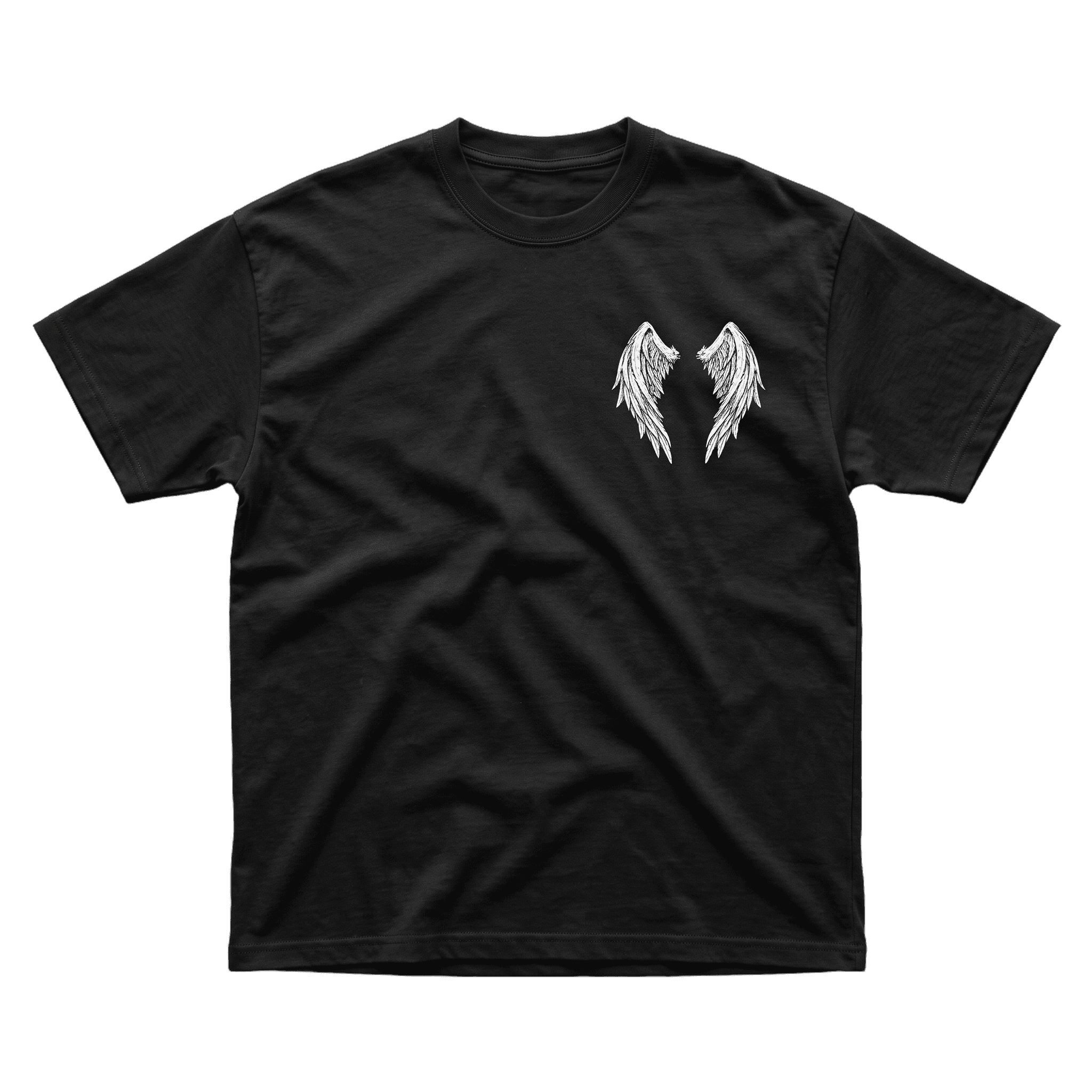 Front of the black Michael Ascendant T-shirt with a pair of white angel wings