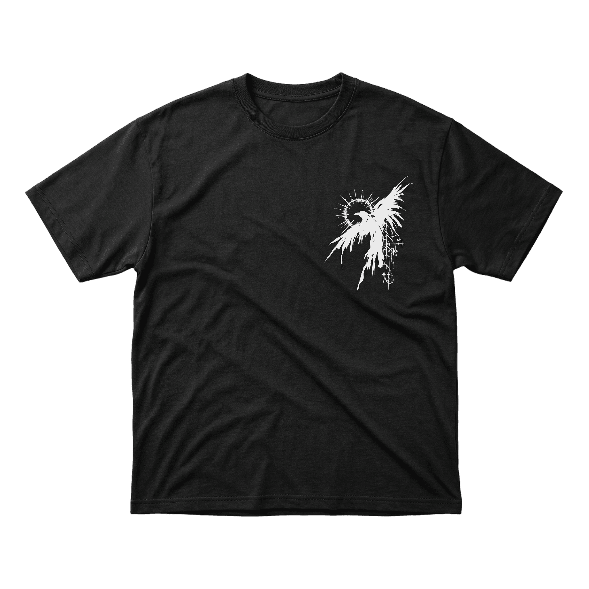 Front of the black Nocturnal Omen T-shirt with a white winged bird chest sigil