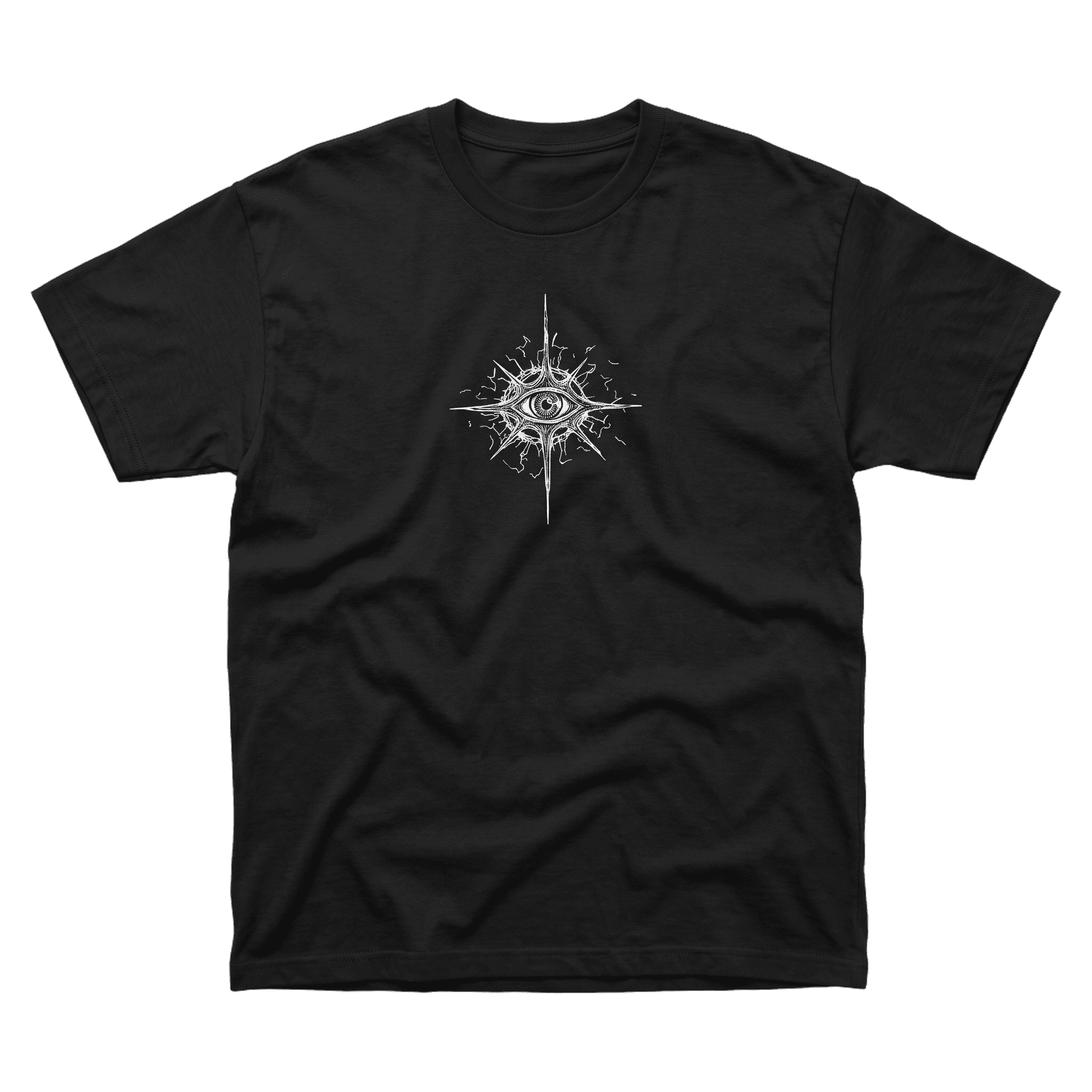 Front of the black Veiled Oracle T-shirt with a white all-seeing eye graphic